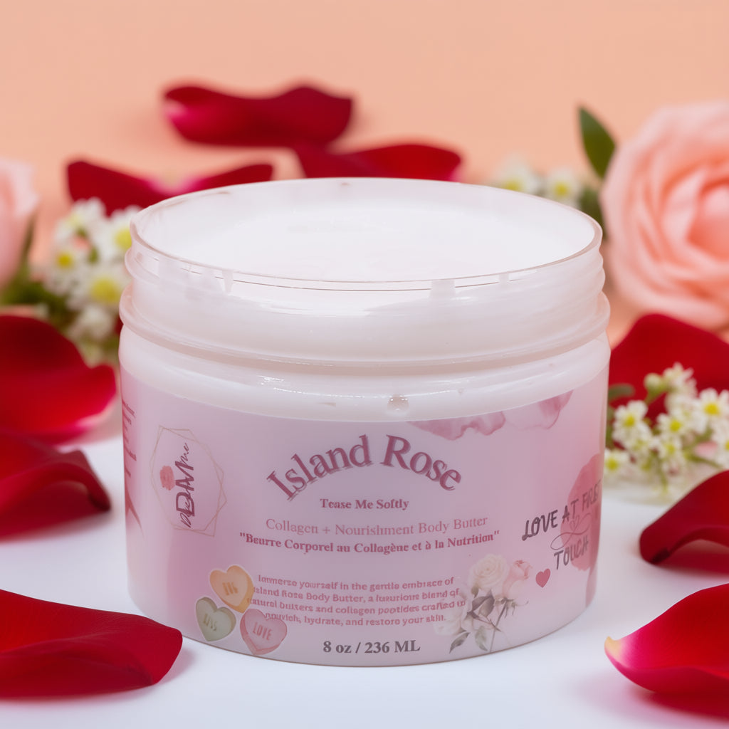 Island Rose collagen body butter in a jar surrounded by rose petals, offering nourishing hydration for glowing skin.